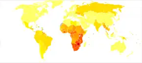 A map of the world where much of it is colored yellow or orange except for sub Saharan Africa which is colored red or dark red