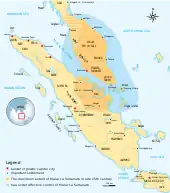 Map showing the extent of the Malacca Sultanate, covering much of the Malay Peninsula and some of Sumatra