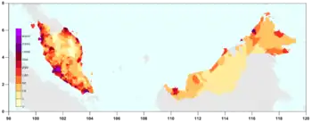 A map of Malaysia depicting the expected 2010 estimated population density.
