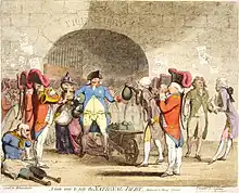 Centre: George III, drawn as a paunchy man with pockets bulging with gold coins, receives a wheel-barrow filled with money-bags from William Pitt, whose pockets also overflow with coin. To the left, a quadriplegic veteran begs on the street. To the right, George, Prince of Wales, is depicted dressed in rags.