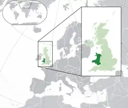 Location of Wales (dark green)– in Europe (green & dark grey)– in the United Kingdom (green)
