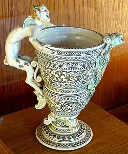 An aiguière with a satyr handle and reptile spout, by the workshop of Saint-Porchaire (1545-1558)