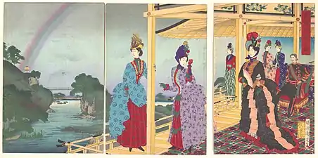 Traditional en in fancier buildings often have low railings, for leaning on while sitting on the en. Westernization of clothing made sitting on the floor difficult; modern en often have standing-height railings