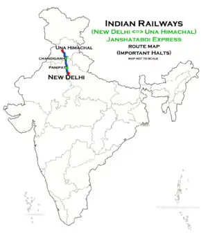 (New Delhi - Una Himachal) Janshatabdi Express route map