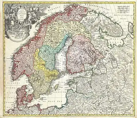 Image 2Homann mapMap: Johann Baptist HomannA detailed eighteenth-century map of Scandinavia by J. B. Homann, depicting Denmark, Norway, Sweden, Finland and the Baltic states of Livonia, Latvia and Curlandia. The map notes fortified cities, villages, roads, bridges, forests, castles and topography. The elaborate title cartouche in the upper left quadrant features angels supporting a title curtain and a medallion supporting an alternative title in French, "Les Trois Covronnes du Nord".Born in 1664, Homann became an engraver and cartographer in the late 17th century, and opened his own publishing house in 1702. In 1715 Emperor Charles VI appointed him Imperial Geographer of the Holy Roman Empire. Homann held the position until his death in 1724.More selected pictures