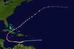 The track of the 1932&nbsp;Cuba hurricane, with the track beginning at bottom-center, tracing towards the left and then curving to the upper-right corner of the image.