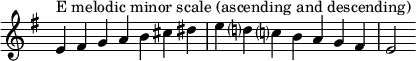 {
\omit Score.TimeSignature \relative c' {
\key e \minor \time 7/4 e^"E melodic minor scale (ascending and descending)" fis g a b cis dis e d? c? b a g fis e2
} }