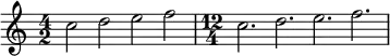 {
\time 4/2
c''2 d'' e'' f'' |
\time 12/4
c''2. d'' e'' f''
}