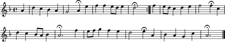 \new Staff <<
\clef treble
\new Voice = "Soprano"
{ \key d \minor \tempo 4=90 \set Staff.midiInstrument = "oboe" {
\set Score.tempoHideNote = ##t
\override Score.BarNumber #'transparent = ##t
\time 4/4
\relative c''
\repeat volta 2 { \partial 4 a4 | d4 c bes a | g2 a4\fermata e' | f f e8 d e4 | d2.\fermata }
\relative c'' {
f4 | e8 d c4 d e | f2 f4\fermata \break c | d c bes8 a bes4 | a2.\fermata f'4 | e8 f g4 f e | d2 e4\fermata a, | bes a g c | a2.\fermata \bar "|."
}
}
}
>>