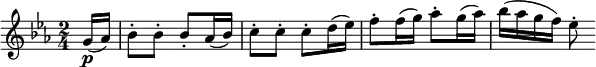 \relative g' {
\key es \major \time 2/4
\partial 8 g16( \p as) | bes8-. bes-. bes-. as16( bes)
c8-. c-. c-. d16( es) | f8-. f16( g) as8-. g16( as)
bes16( as g f) es8-.
}