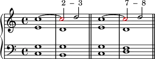 \new PianoStaff <<
\new Staff <<
\new Voice \relative c'' {
\stemUp \clef treble \key c \major \time 4/4
c1^~ \once \override NoteHead.color = #red c2^\markup { " 2 – 3" } d2
c1^~ \once \override NoteHead.color = #red c2^\markup { " 7 – 8" } d2
}
\new Voice \relative c' {
\stemDown
e1 d
e d
}
>>
\new Staff <<
\new Voice \relative c {
\clef bass \key c \major \time 4/4
<c g'>1 <b g'> \bar "||"
<c g'> <d f> \bar "||"
}
>>
>>