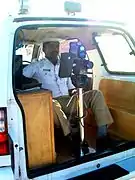 A Traffic Constable inside the Interceptor monitoring the traffic speed at Bangalore Airport Road.