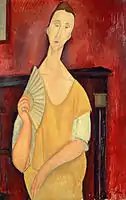 Amedeo Modigliani, 1919, Woman with a Fan (La Femme à l'Éventail&nbsp;[fr]), oil on canvas, 100 x 65&nbsp;cm