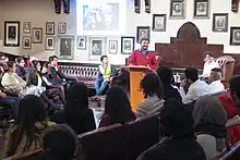Anand Kumar addressing students at the famed Cambridge University, where he once aspired to study