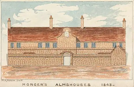 Monger's Almshouse, watercolor with pen and brown ink over traces of graphite, 1843