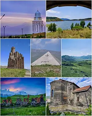 From top left: Holy Angels Church with Mount AragatsAparan reservoir&nbsp;• Battle of Abaran memorial  Mausoleum of Dro&nbsp;• Natural landscape of AparanArmenian alphabet park&nbsp;• Kasagh Basilica