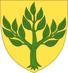 A yellow crest with a green alder plant. Three arms grow in three directions, all full of leaves.