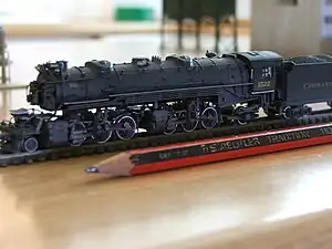 US model of an N scale (1:160) 2-6-6-2 shown with a pencil for size