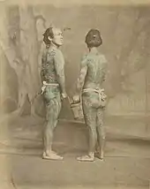 Japanese men in 1870 with irezumi wearing fundoshi