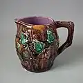 Jug, coloured glazes majolica, c. 1870, naturalistic in style, Scotland.
