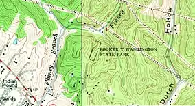A topographic map from 1958 illustrating the location of Booker T. Washington State Park.