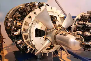 A Bristol Hercules bare engine cutaway display.The engine was 50&nbsp;inches (1.3&nbsp;m) in diameter.