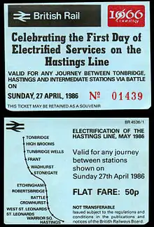 Photograph showing both sides of the souvenir ticket from the first day of electric train operation, 27&nbsp;April 1986.