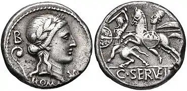 Denarius of Gaius Servilius Vatia, 82-80 BC.  Apollo is depicted on the obverse with a lituus behind, while the reverse reuses that of his possible father, the moneyer of 127 (whose coin is pictured above).