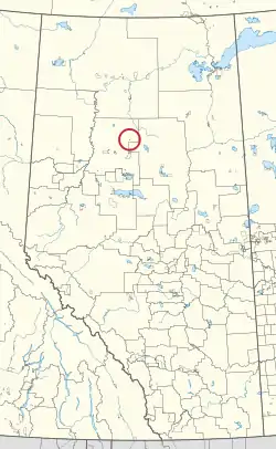 A map of the province of Alberta showing 80 counties and 145 small Indian reserves. One is highlighted with a red circle.
