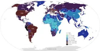 Total confirmed deaths by country &nbsp;&nbsp;100+ per 100,000 inhabitants &nbsp;&nbsp;18–100 per 100,000 inhabitants &nbsp;&nbsp;3.3–18 per 100,000 inhabitants &nbsp;&nbsp;0.6–3.3 per 100,000 inhabitants &nbsp;&nbsp;0.1–0.6 per 100,000 inhabitants &nbsp;&nbsp;<0.1 per 100,000 inhabitants &nbsp;&nbsp;None or no data