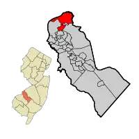Location of Pennsauken Township in Camden County highlighted in red (right). Inset map: Location of Camden County in New Jersey highlighted in orange (left).