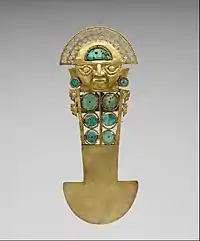 Ceremonial knife (tumi); 10th-13th century; gold, turquoise, greenstone & shell; height: 33&nbsp;cm (1&nbsp;ft. 1 in.); Metropolitan Museum of Art