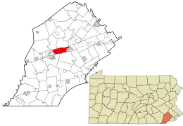 Location of Caln Township in Chester County (left) and of Chester County in Pennsylvania (right)
