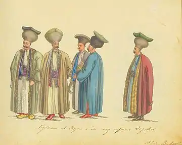 Wallachian boyars of the third rank wearing small işlics adorned with cushions, 1825