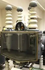 Cut-away model of early high-voltage steel-tank rectifier rated at 50 kV, 30 A