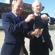 David Brown Clyde Cruising Club presenting SV Carrick bible to Creagh OConnor AM Pt Adelaide