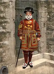 Yeoman Warder in Tudor State Dress, c. 1895at Yeoman Warders, restored by Adam Cuerden