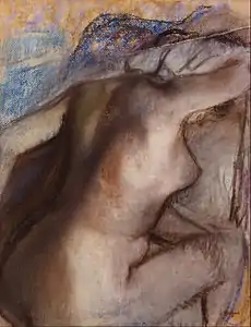 After the Bath, Woman Drying Herself, c. 1884–1886, reworked between 1890 and 1900, pastel on wove paper, 40.5 × 32&nbsp;cm, Musée Malraux, Le Havre