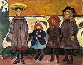 Four Girls in Åsgårdstrand, 1903, .mw-parser-output .frac{white-space:nowrap}.mw-parser-output .frac .num,.mw-parser-output .frac .den{font-size:80%;line-height:0;vertical-align:super}.mw-parser-output .frac .den{vertical-align:sub}.mw-parser-output .sr-only{border:0;clip:rect(0,0,0,0);clip-path:polygon(0px 0px,0px 0px,0px 0px);height:1px;margin:-1px;overflow:hidden;padding:0;position:absolute;width:1px}87&nbsp;cm ×&nbsp;111&nbsp;cm (34+1⁄4&nbsp;in ×&nbsp;43+3⁄4&nbsp;in), Munch Museum, Oslo