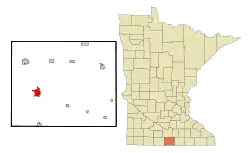 Location of the city of Blue Earthwithin Faribault County and state of Minnesota