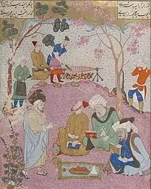 17th-century Shahnameh illustration of Ferdowsi approaching the three court poets of Ghazni: Unsuri, Farrukhi and Asjadi