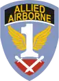 A blue shield with the word "Allied Airborne" on a black background near the top. The centre of the shield contains a white number one with yellow wings. At the bottom, a pair of crossed gladiator swords point down, on a purple-red background.