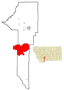 Location of Big Sky (red) relative to Gallatin County (white with thick border; orange in inset)