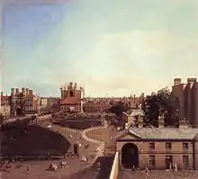 Whitehall and the Privy Garden from Richmond House, Canaletto, 1747, view from Richmond House looking north over the Privy Garden to the Holbein Gate (far left) and Banqueting House (centre, seen end-on).