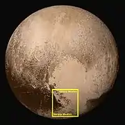 Pluto - Hillary Montes and Tenzing Montes are boxed(context; 14&nbsp;July 2015).