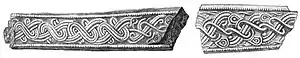 Black and white drawing of two iron fragments from the Vendel XIV grave
