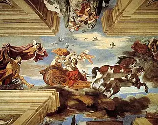 Aurora, (1621, ceiling fresco, tempera, 530 × 1030&nbsp;cm, Villa Aurora, Rome, Italy) was painted for the pope's nephew, Cardinal Ludovico Ludovisi. The lively treatment of the Aurora myth challenges the more measured representation of the same subject painted by Guido Reni at Palazzo Rospigliosi on behalf of a Ludovisi family rival and makes a statement of political triumph.