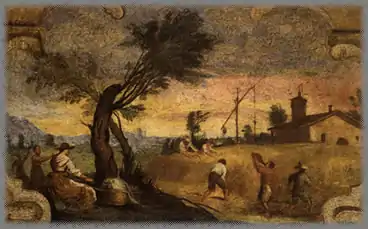 Harvesting (1615–1617, fresco, transferred to canvas, 18 × 23.5&nbsp;cm, Pinacoteca, Cento, Italy). One of the frescos created (with the assistance of Lorenzo Gennari) for Casa Pannini in Cento. (Guercino himself came from a family of peasant farmers.)