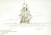 HMS&nbsp;Eurydice weighing anchor off Fort St Sebastian, Mozambique, 10 February 1849. Mends was her senior lieutenant.
