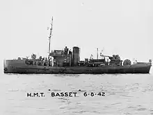 Black and white image of British naval trawler HMT Basset taken in 6.8.1942